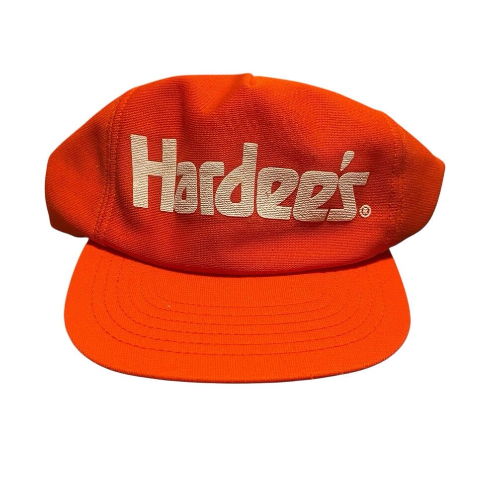 Vintage Hardees Racing Orange Snapback Trucker Hat Puff Print 1980s Made in USA
